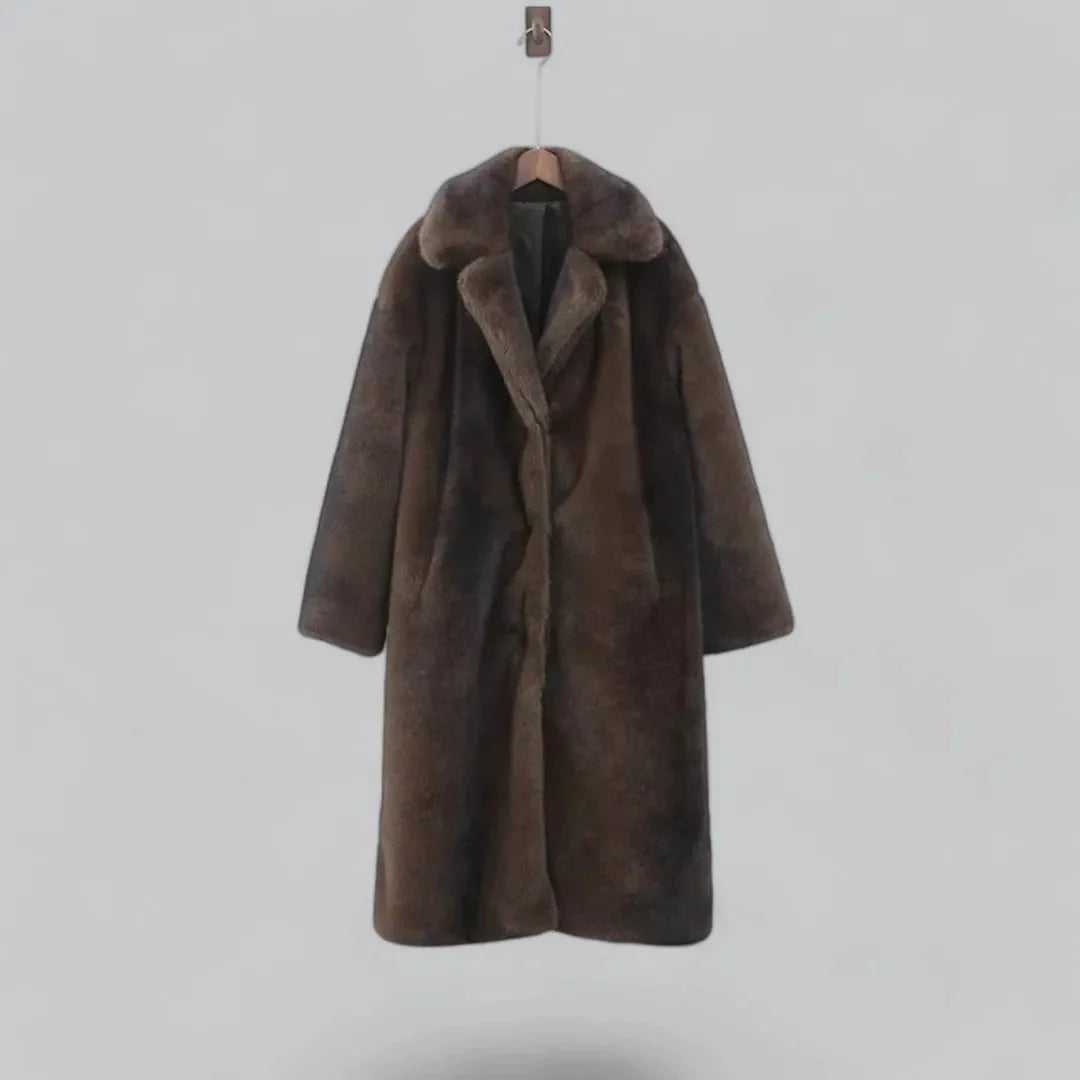 Addison brown full-length faux fur trench coat with plush ultra-soft texture for women
