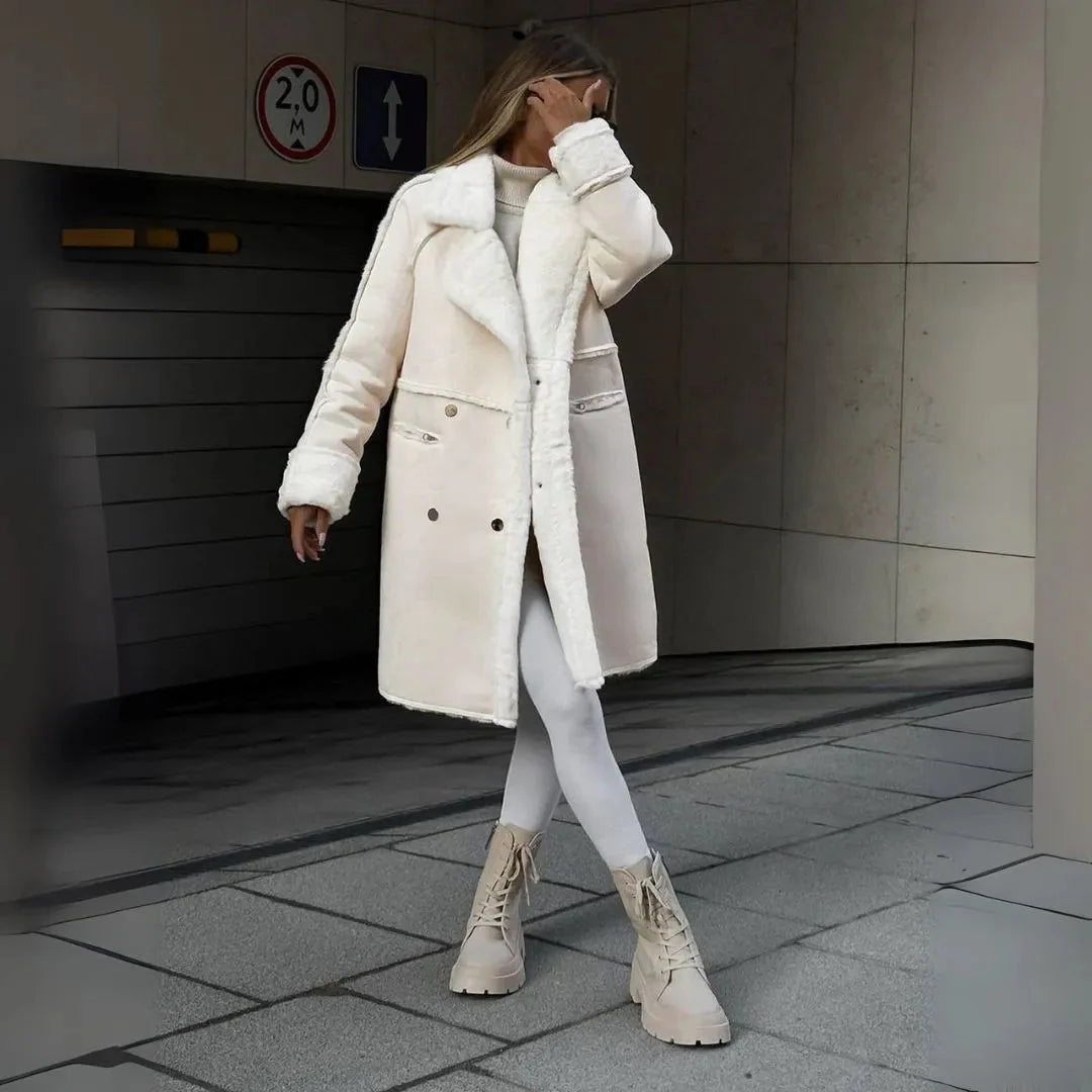 Women's beige faux shearling winter coat with plush lining and double-breasted button front closure