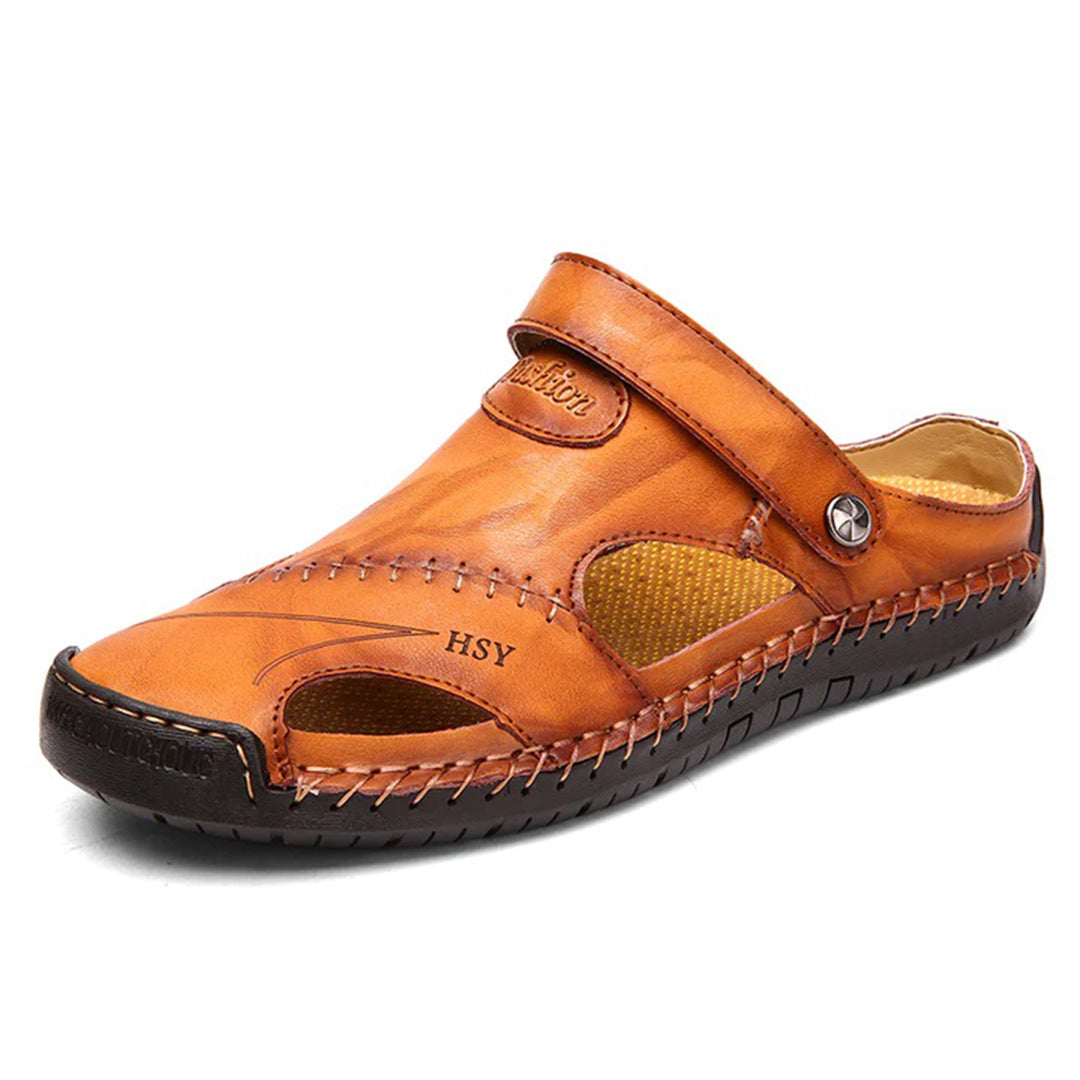 Men's brown leather slip-on closed-toe sandal with breathable design for everyday casual comfort