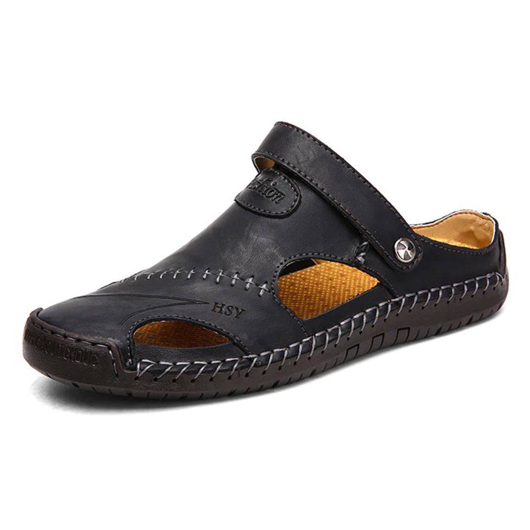 Men's brown leather slip-on closed-toe sandal with breathable design for everyday casual comfort