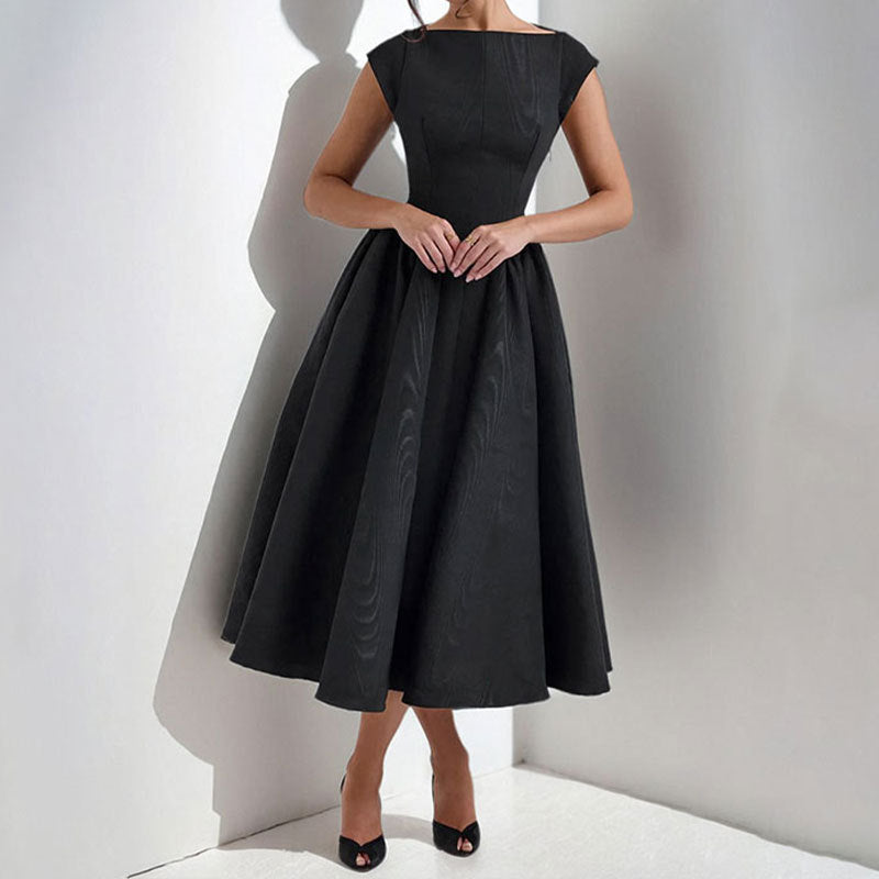 Red cap sleeve midi dress with fitted bodice and voluminous full skirt for cocktail parties