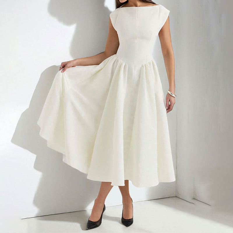 Red cap sleeve midi dress with fitted bodice and voluminous full skirt for cocktail parties