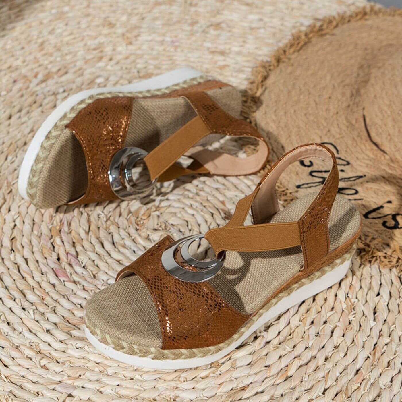 Women's open toe wedge sandals with braided heel, PU leather, lightweight casual summer style
