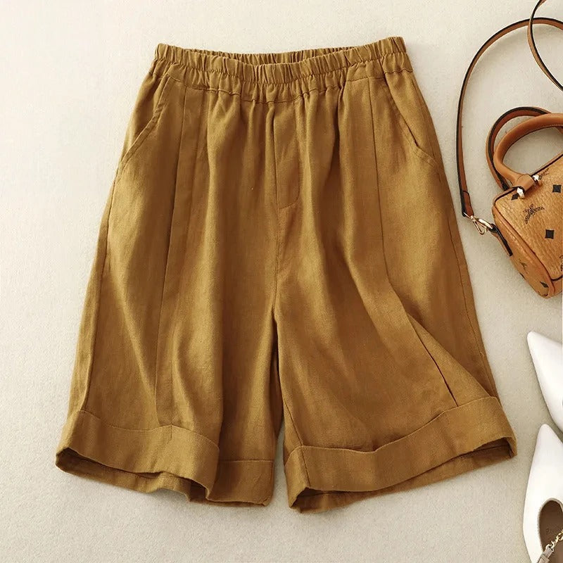 Women's beige linen blend shorts relaxed fit elastic waistband with rolled cuffs and side pockets