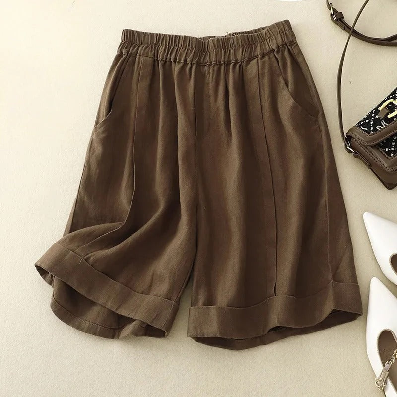 Women's beige linen blend shorts relaxed fit elastic waistband with rolled cuffs and side pockets