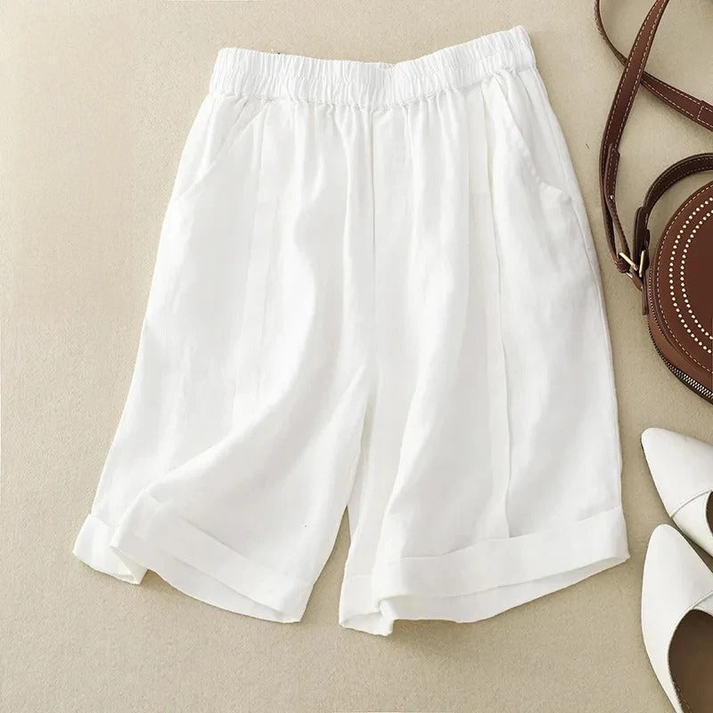 Women's beige linen shorts relaxed fit elastic waistband rolled cuffs with side pockets