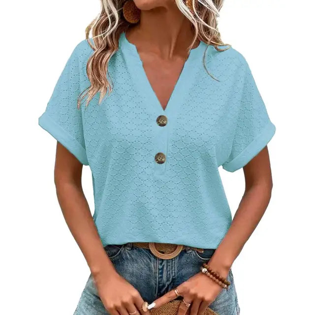 Women's lightweight V-neck top in breathable fabric, chic summer essential with flattering neckline