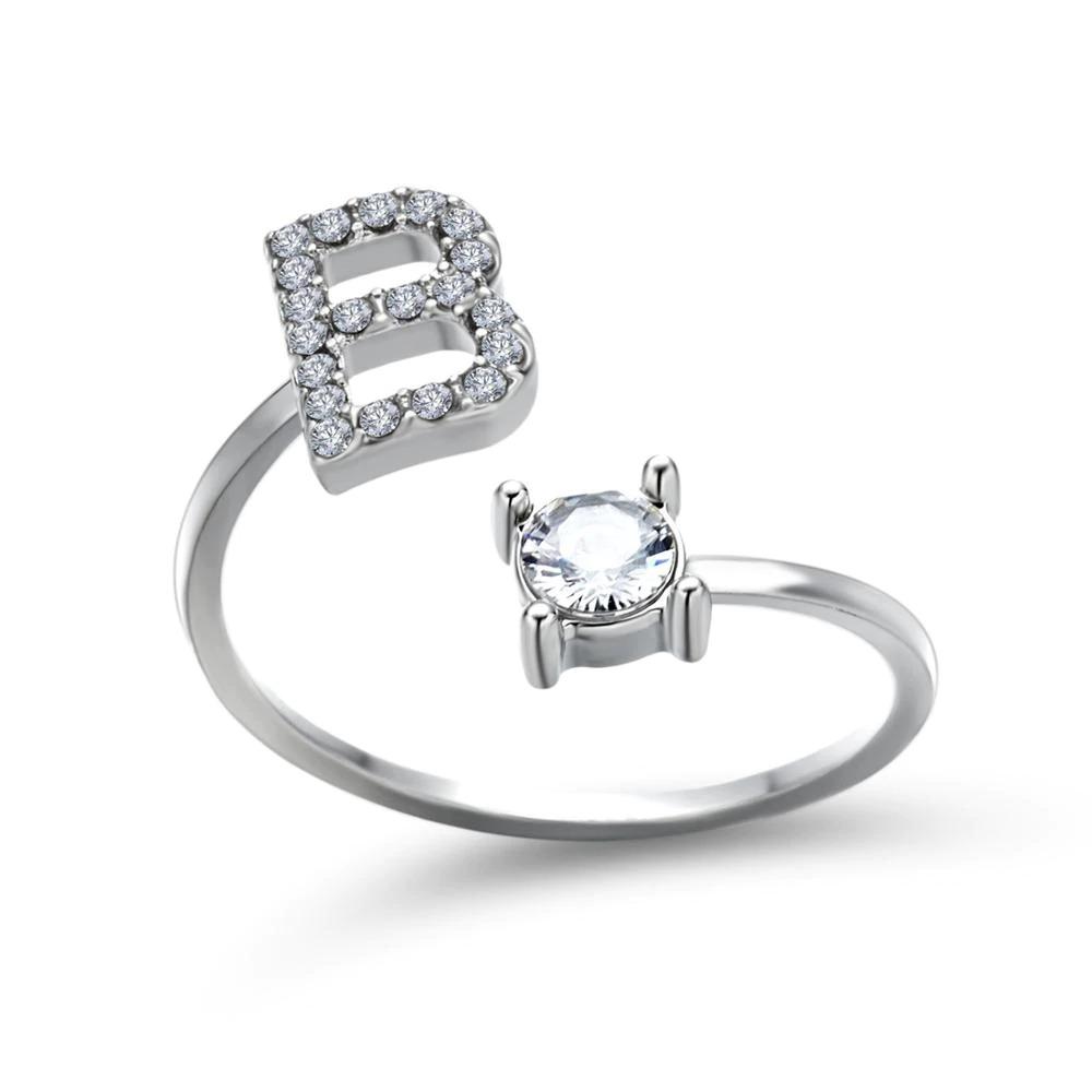 Adjustable zirconia letter ring sparkling A-Z initial personalized statement jewelry silver tone