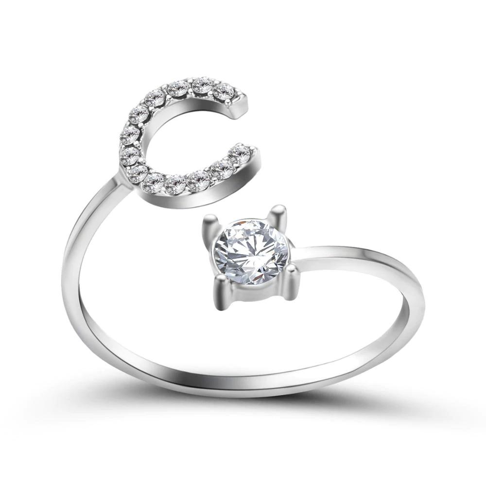 Adjustable zirconia initial letter ring sparkling statement jewelry personalized A-Z silver band