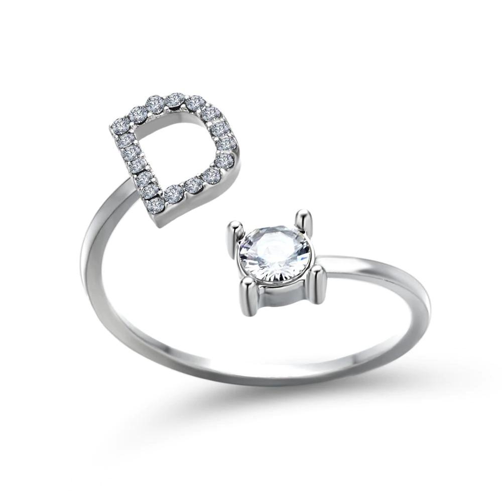Adjustable zirconia initial letter ring sparkling A-Z personalized statement jewelry silver tone