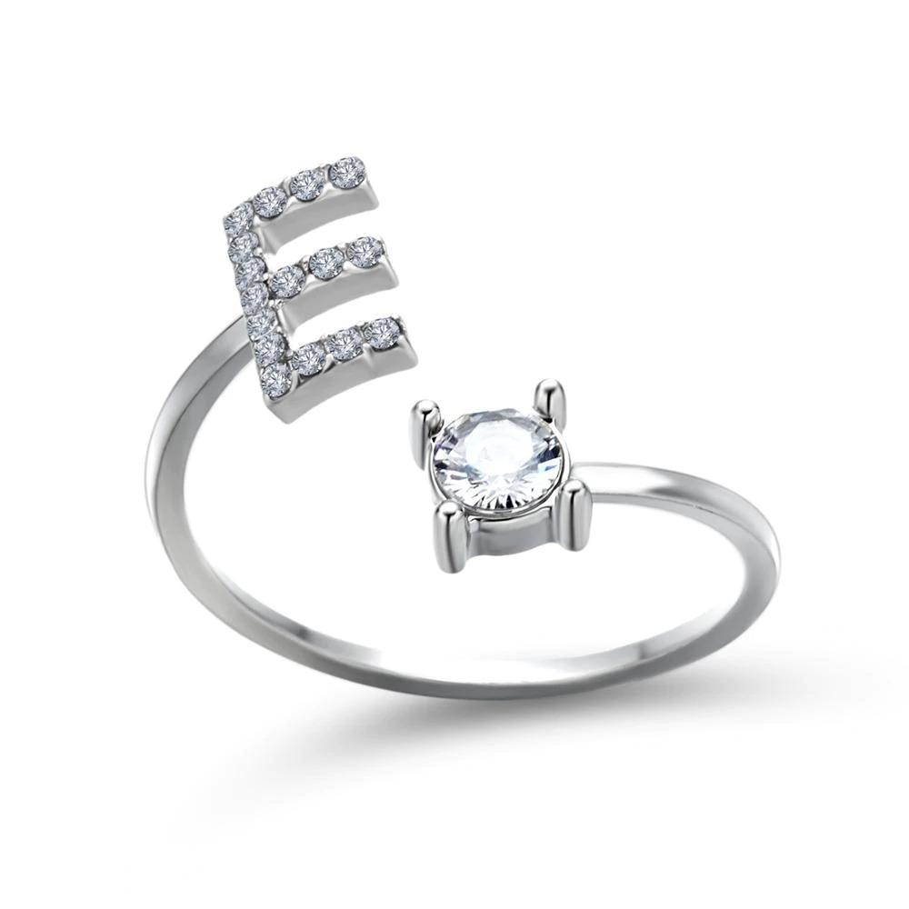 Adjustable zirconia initial letter ring sparkling A-Z personalized statement jewelry silver tone