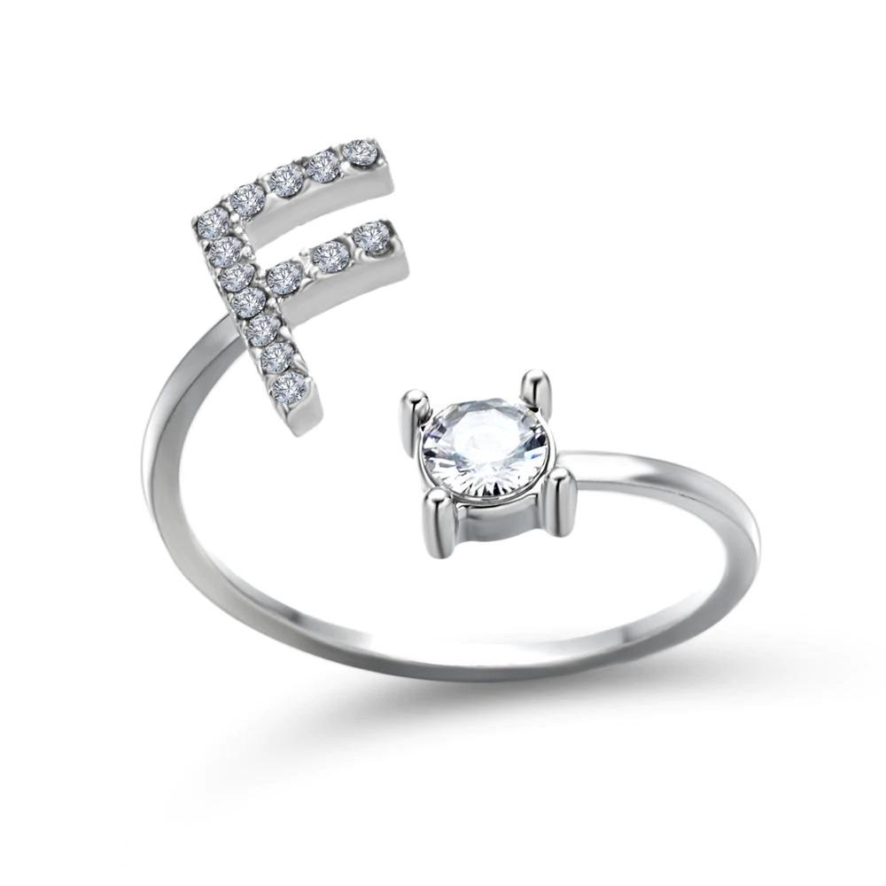 Adjustable zirconia initial letter ring sparkling A-Z personalized statement jewelry silver tone