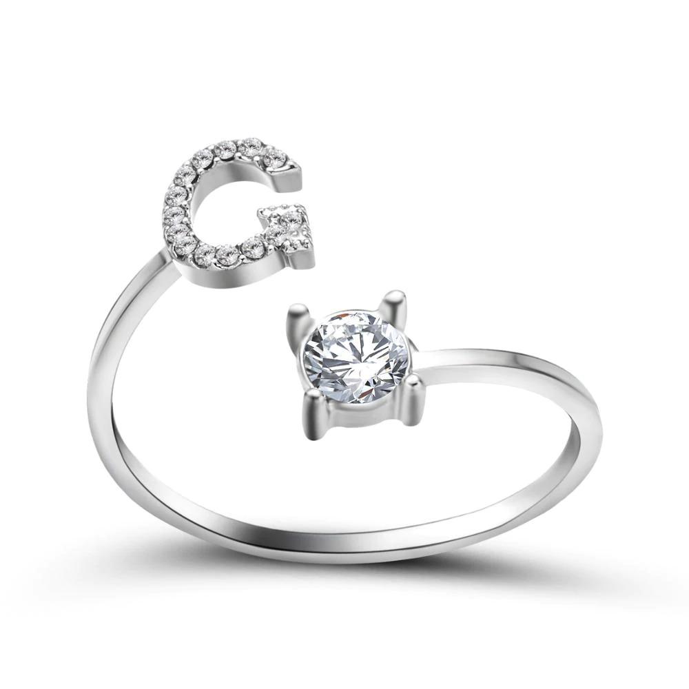 Adjustable zirconia initial letter ring sparkling statement jewelry personalized A-Z silver band