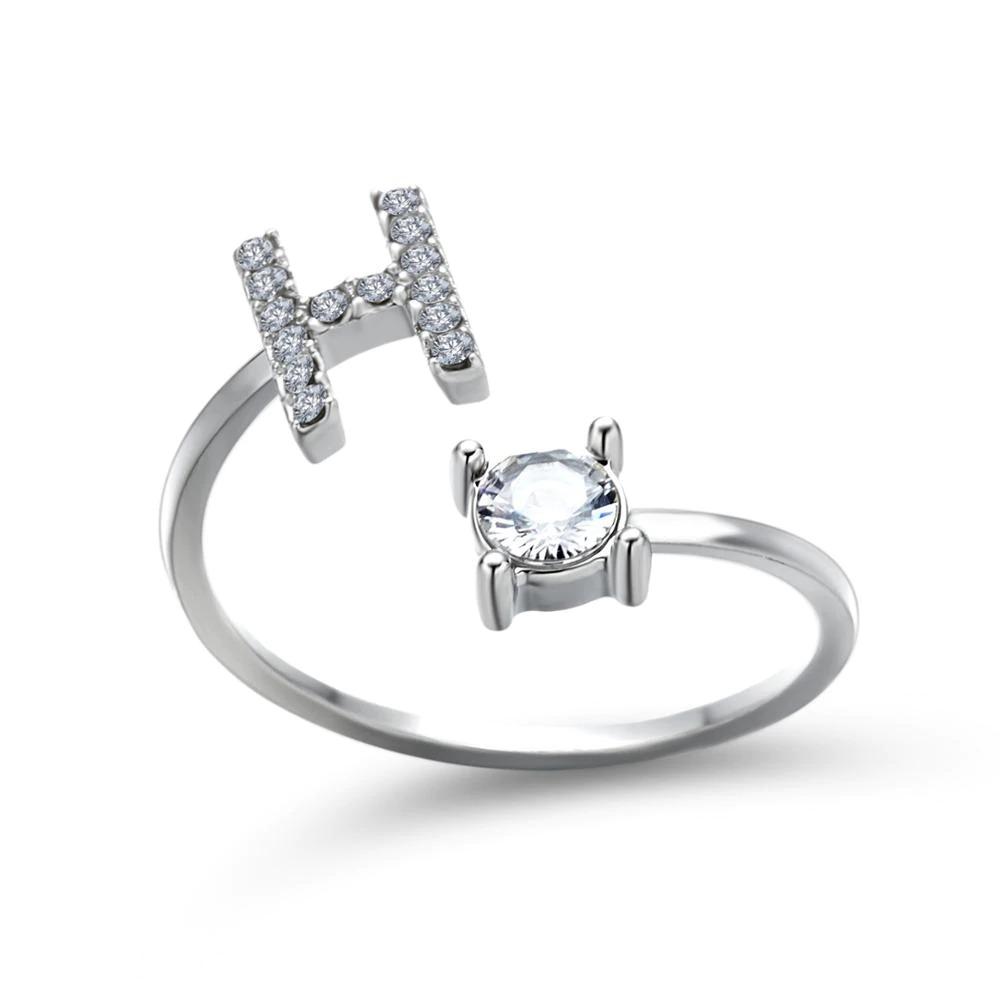 Adjustable zirconia initial ring A-Z sparkling statement jewelry personalized silver band