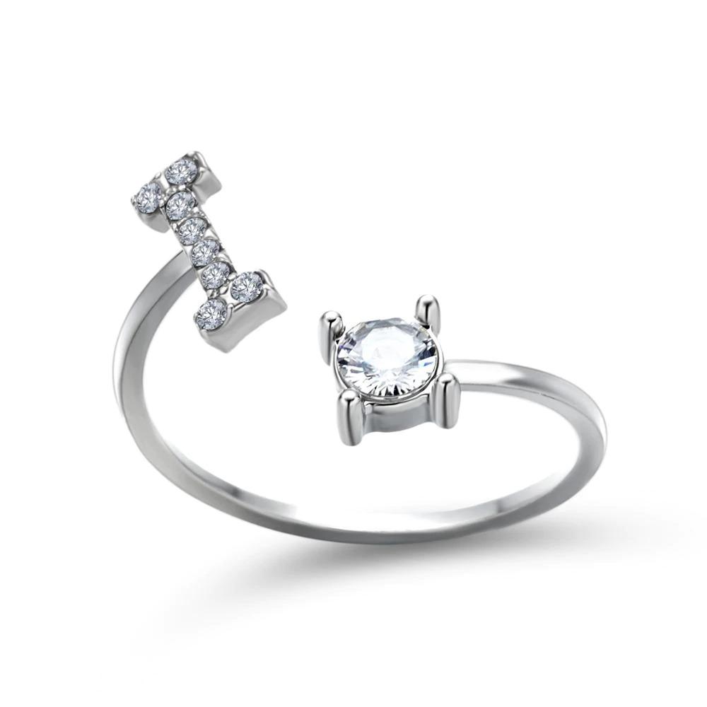 Adjustable zirconia initial letter ring sparkling statement jewelry personalized A-Z silver band