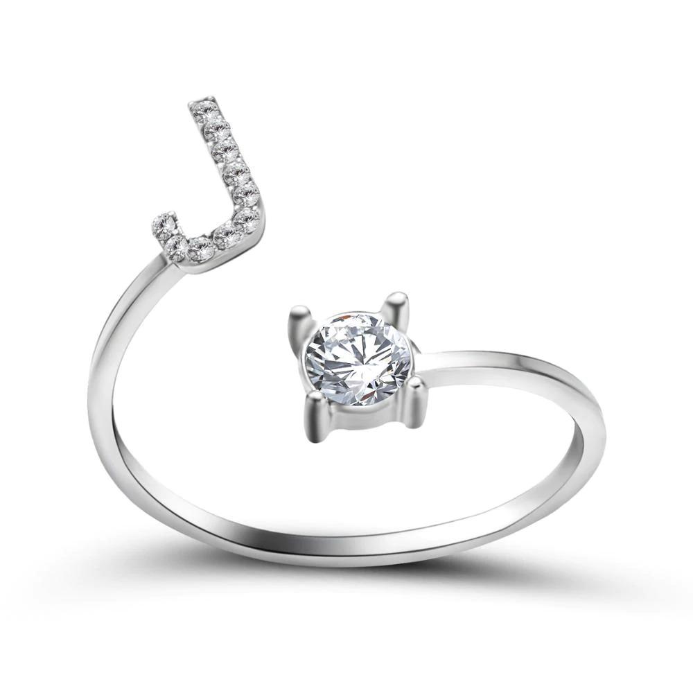 Adjustable zirconia initial letter ring sparkling statement jewelry personalized A-Z silver band