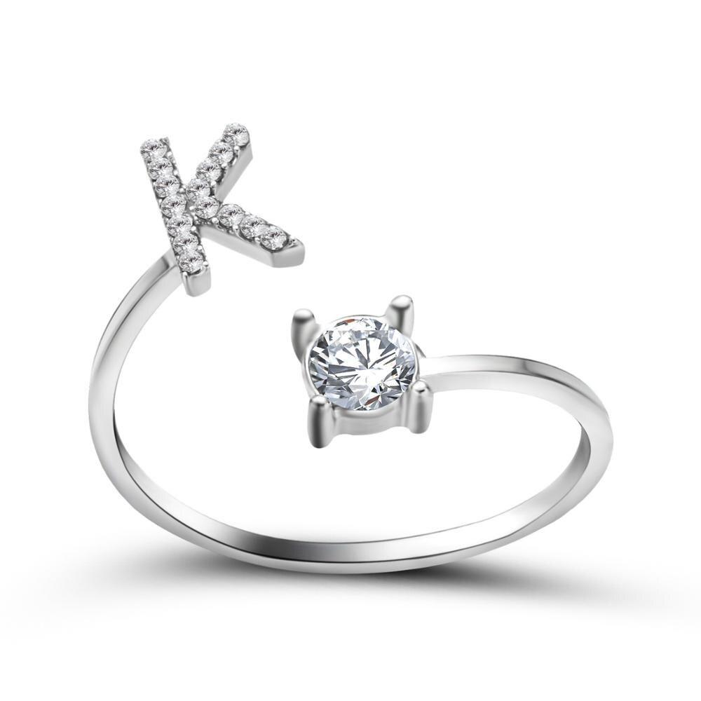 Adjustable zirconia initial letter ring sparkling statement jewelry personalized A-Z silver band