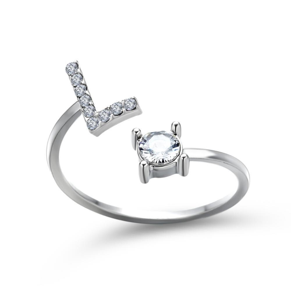 Adjustable zirconia initial letter ring sparkling A-Z personalized statement jewelry silver tone