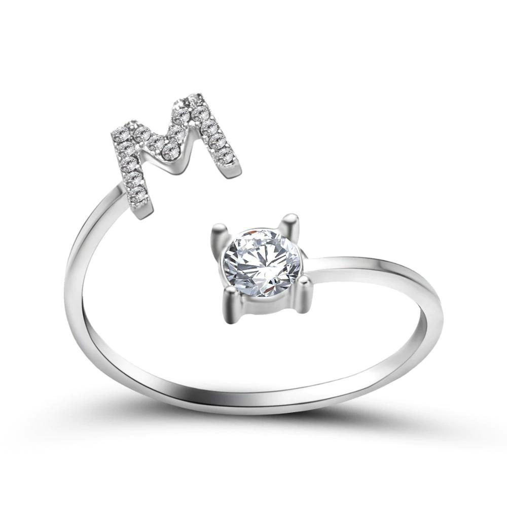 Adjustable zirconia initial letter ring sparkling A-Z personalized statement jewelry silver