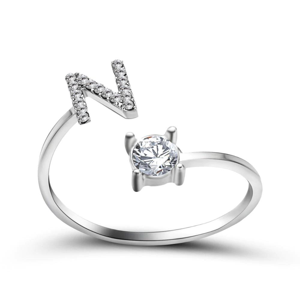 Adjustable zirconia initial letter ring sparkling A-Z personalized statement jewelry silver tone