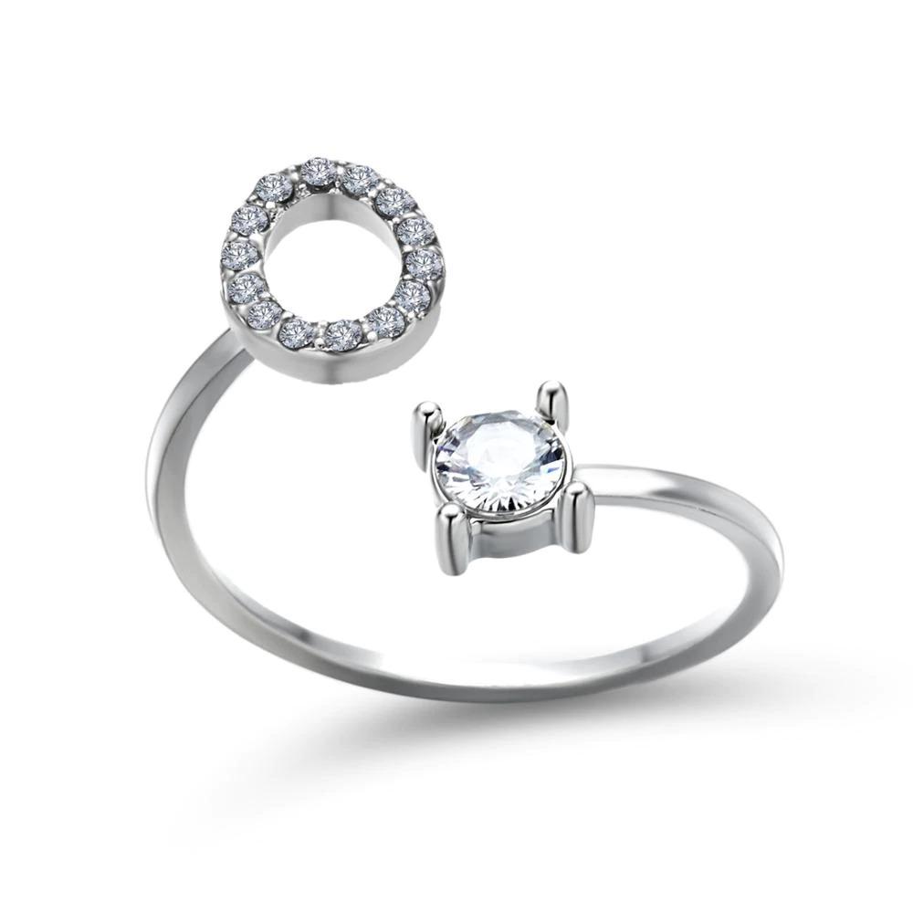 Adjustable zirconia initial letter ring sparkling statement jewelry personalized A-Z silver