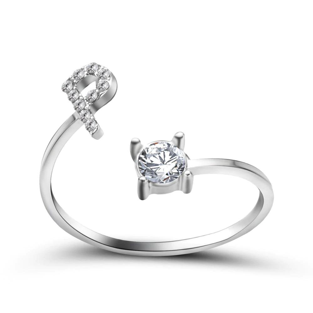Adjustable zirconia initial letter ring sparkling statement jewelry personalized A-Z silver band