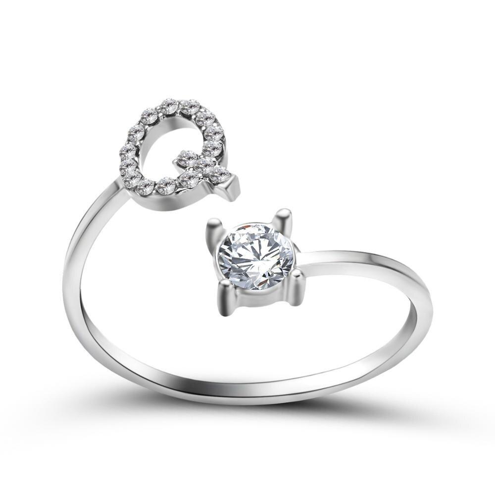 Adjustable zirconia initial ring silver sparkling A-Z letter personalized statement jewelry for her