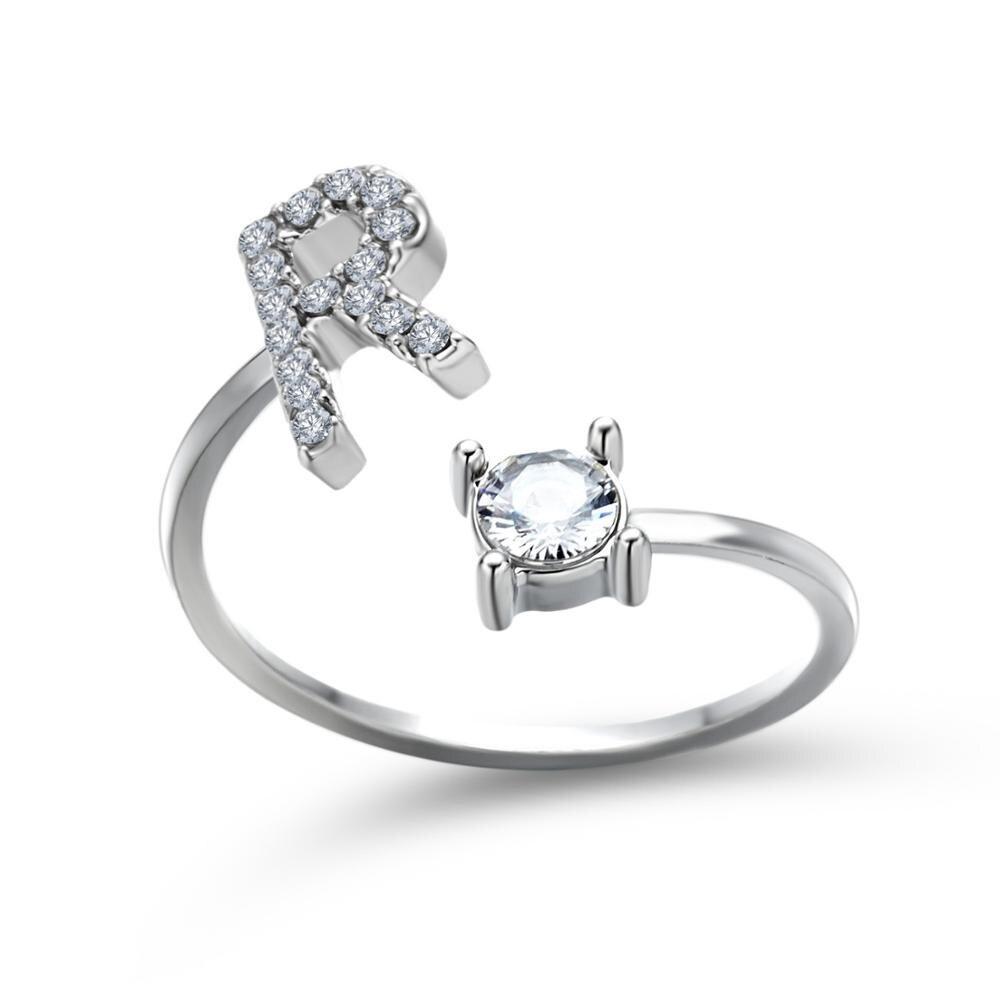 Adjustable zirconia initial letter ring sparkling A-Z personalized statement jewelry silver finish