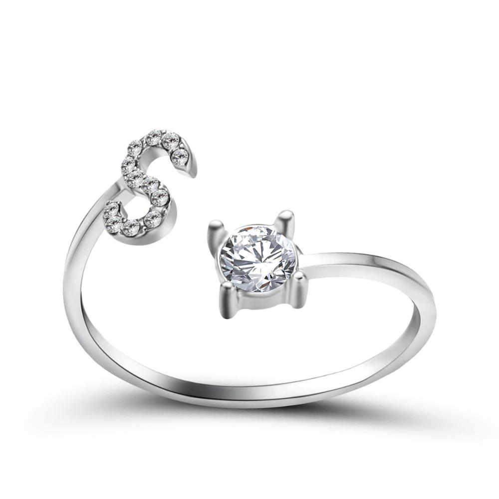 Adjustable zirconia initial letter ring sparkling A-Z personalized statement jewelry silver tone