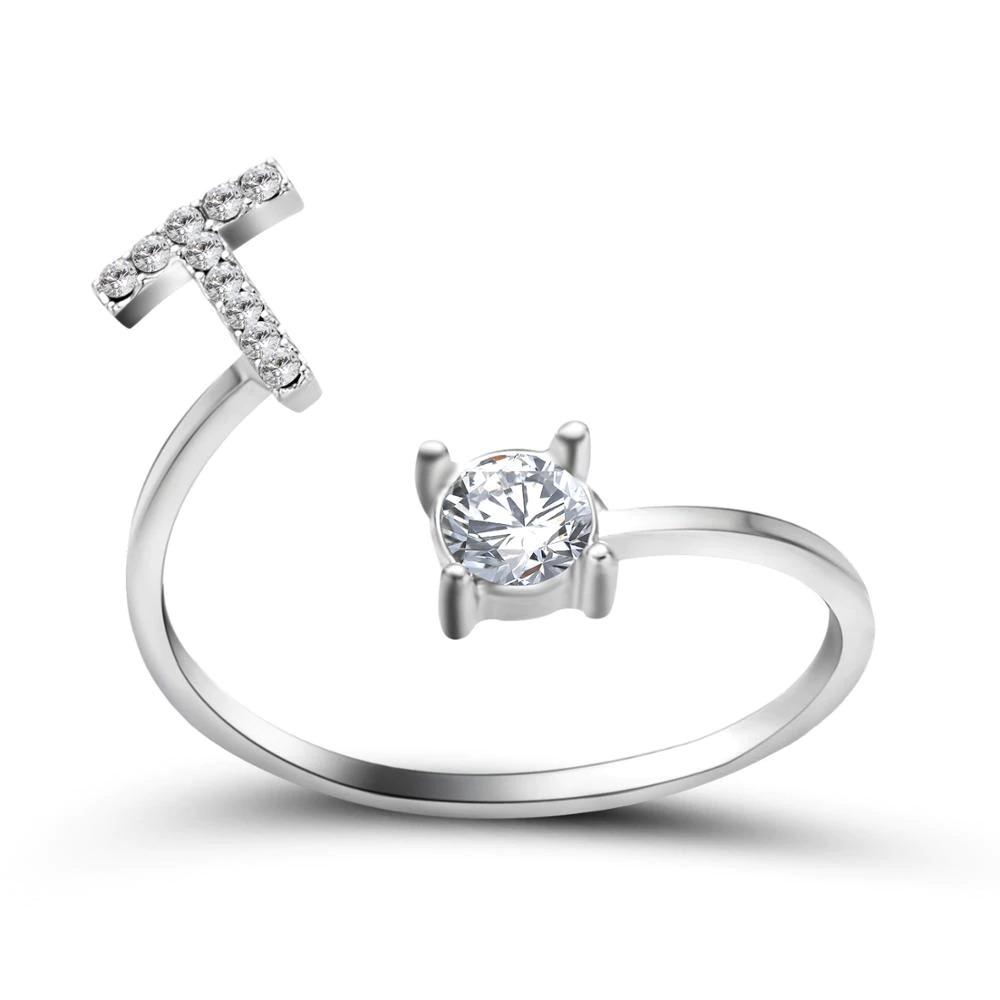 Adjustable zirconia initial letter ring sparkling A-Z personalized statement jewelry silver-tone