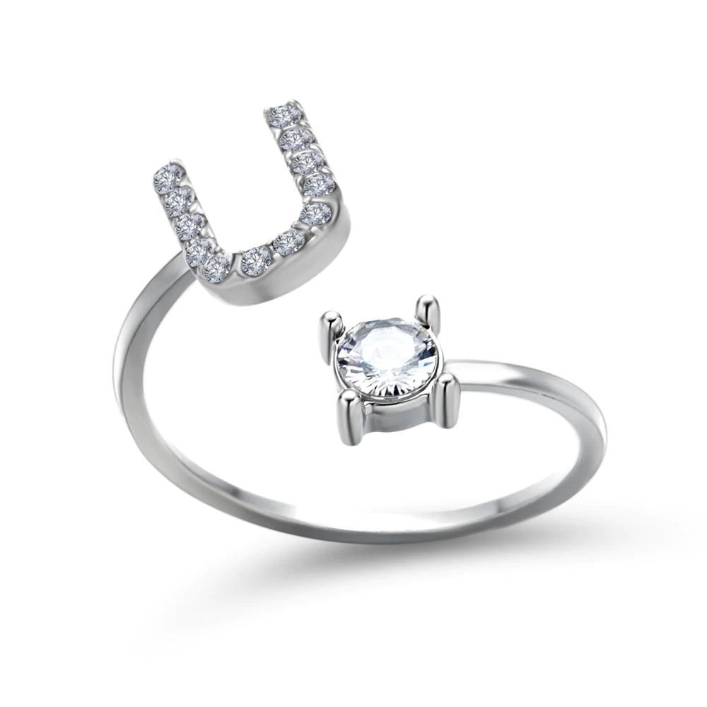 Adjustable zirconia initial letter ring sparkling A-Z personalized statement jewelry silver tone