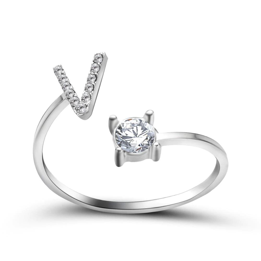 Adjustable zirconia initial letter ring sparkling A-Z personalized statement jewelry silver tone