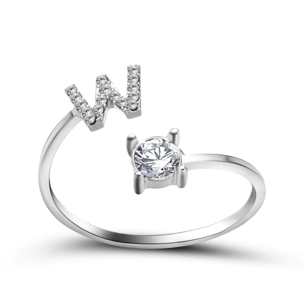 Adjustable zirconia initial letter ring sparkling A-Z personalized statement jewelry silver tone