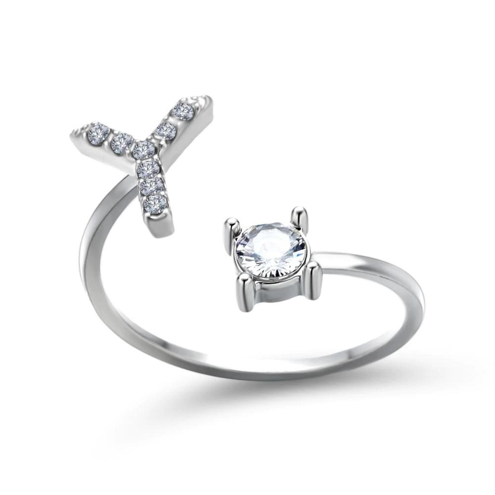 Adjustable zirconia initial letter ring sparkling A-Z personalized statement jewelry silver tone