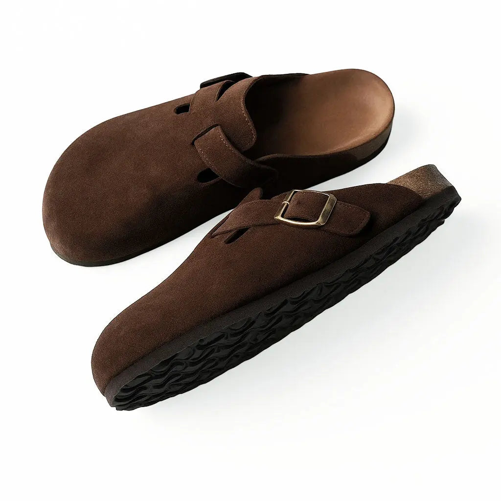 Women's adjustable buckle clogs vegan suede upper cork-effect midsole contoured sole all-day comfort
