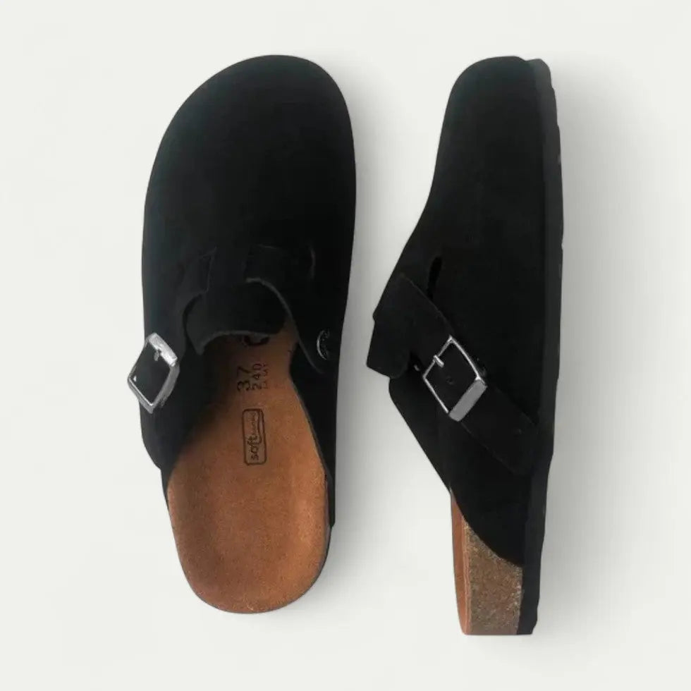 Women's beige vegan suede clogs with adjustable buckle strap and contoured cork-effect sole