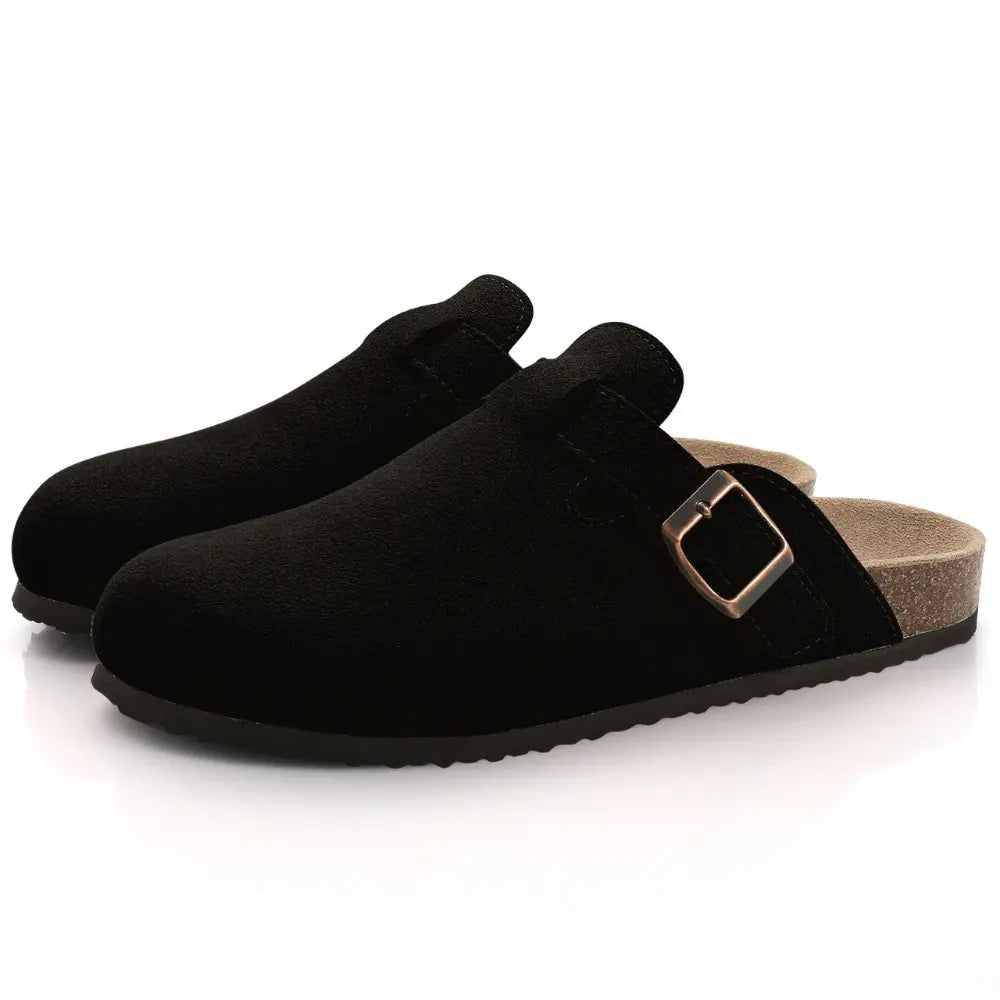 Women's cozy mule slippers soft-brushed fabric adjustable buckle strap indoor outdoor comfort fit