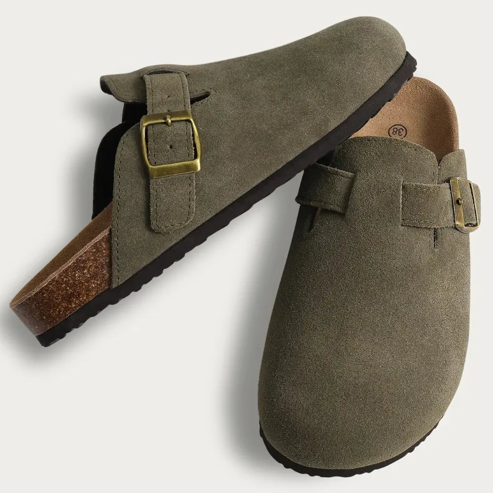 Women's cozy mule slippers soft-brushed fabric adjustable buckle strap indoor outdoor comfort fit