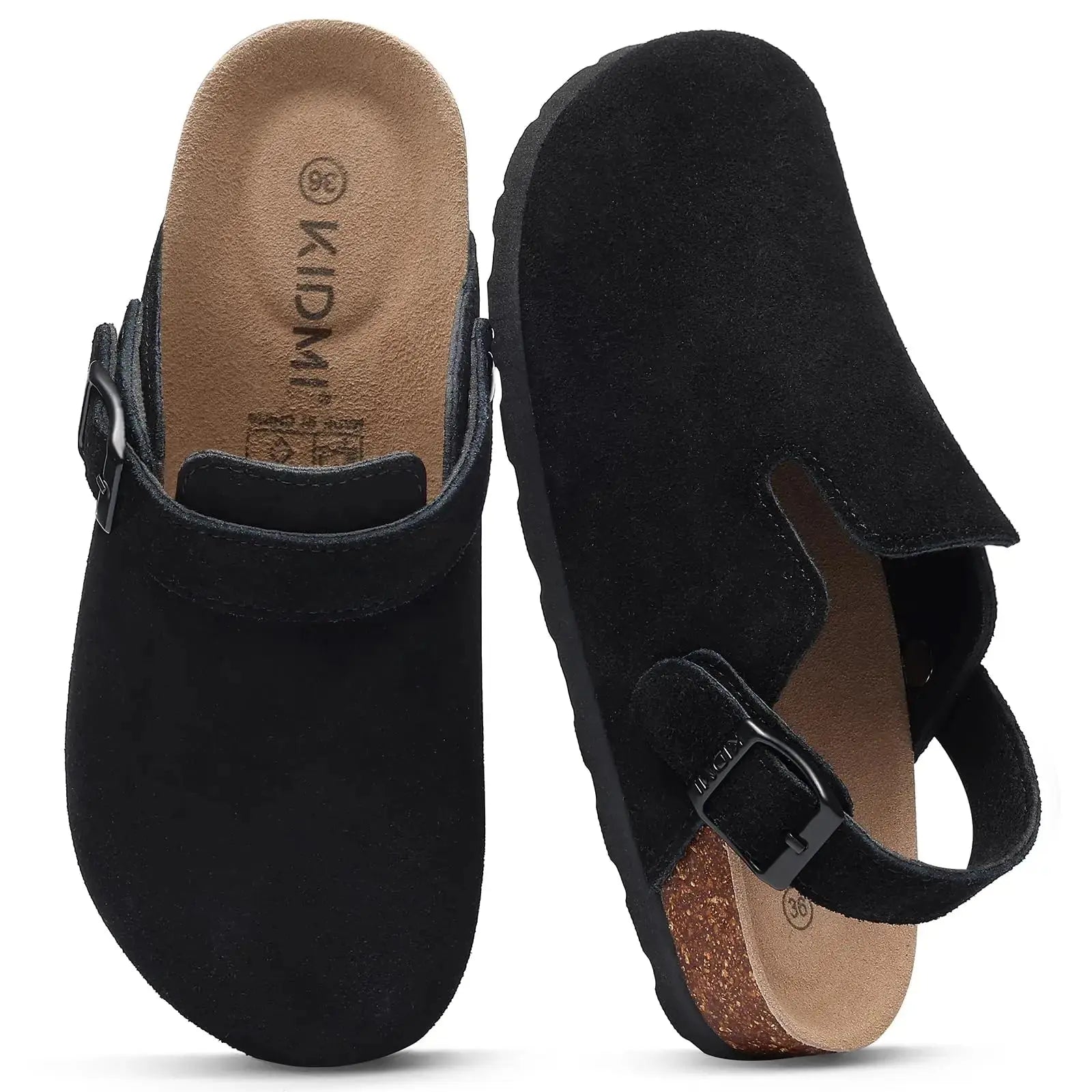 Women's adjustable strap suede clogs with cork footbed, casual slide style in neutral tones
