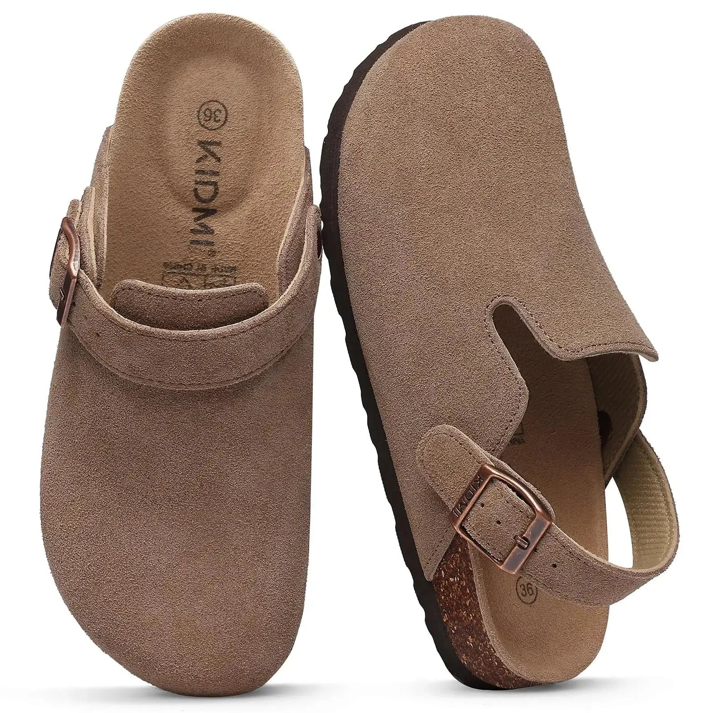 Women's suede adjustable strap clogs with cork footbed, casual slip-on style for all-day comfort