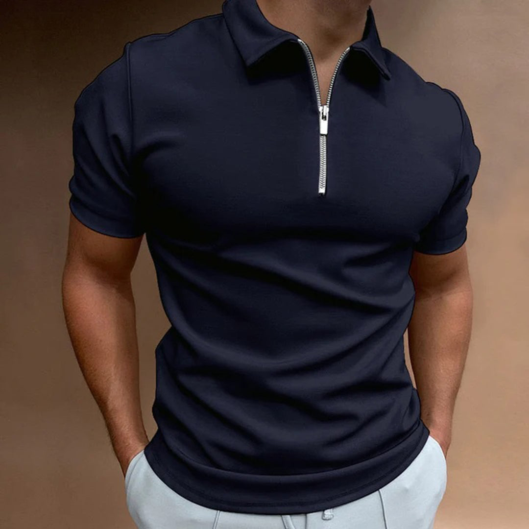 Men's slim fit navy polo shirt with zip collar, tailored cut for office and casual everyday wear