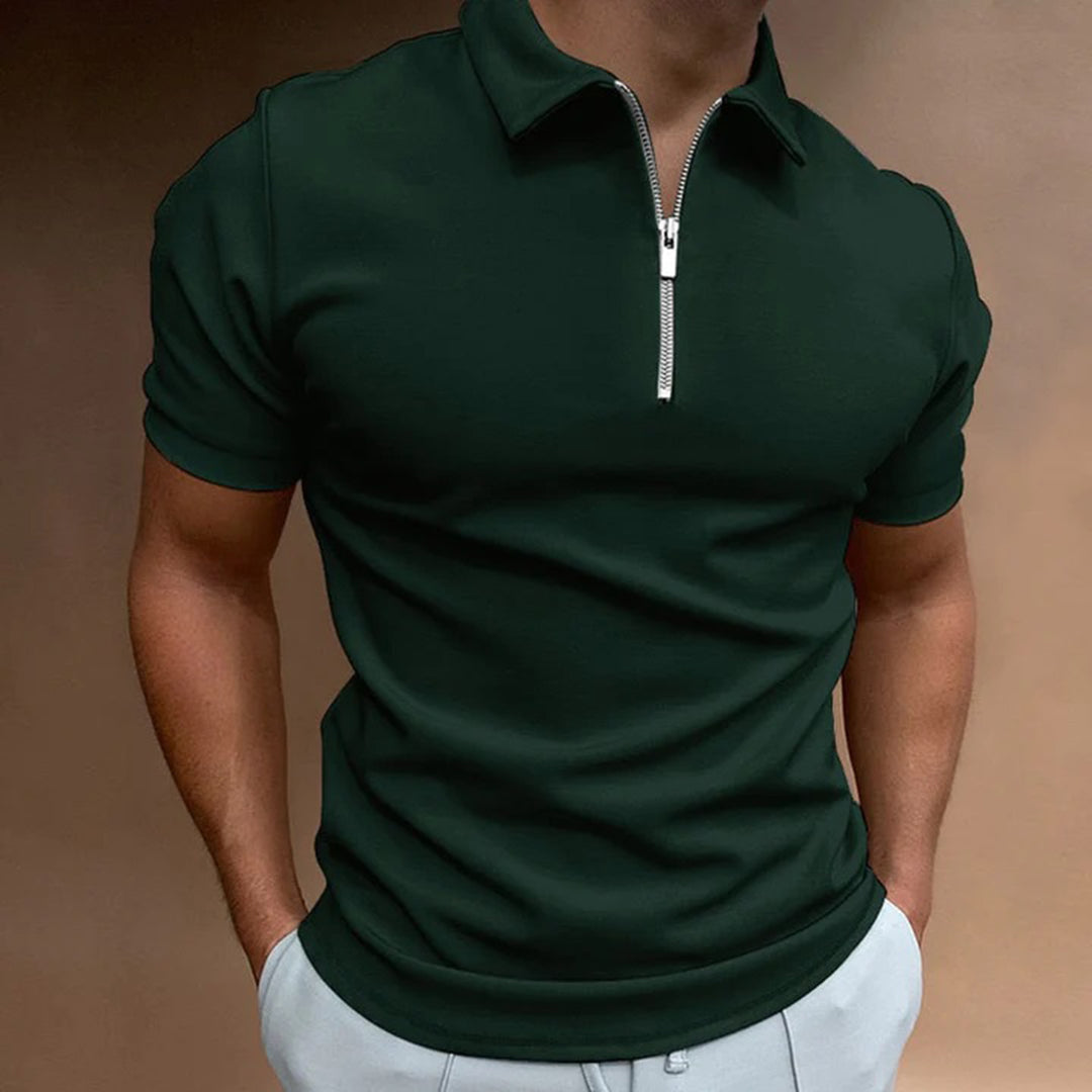 Men's slim fit navy polo shirt with zip collar, tailored cut for office and casual everyday wear