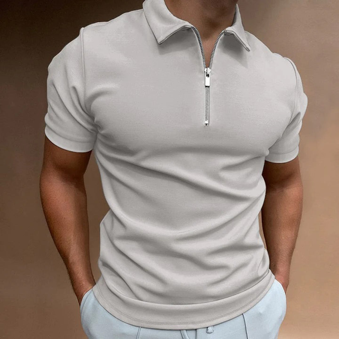 Men's slim fit navy polo shirt with zip collar, tailored silhouette for office and casual everyday wear