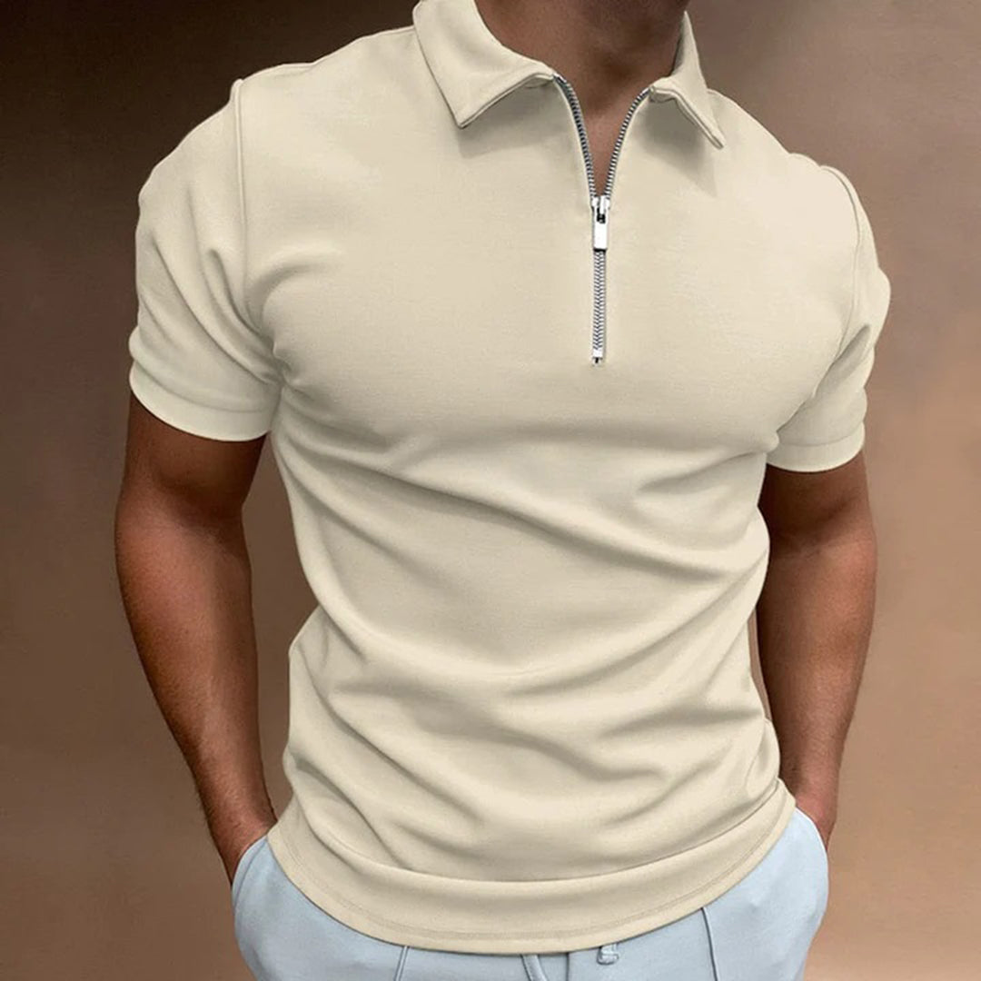 Men's slim fit navy polo shirt with zip collar, tailored cut for office and casual everyday wear