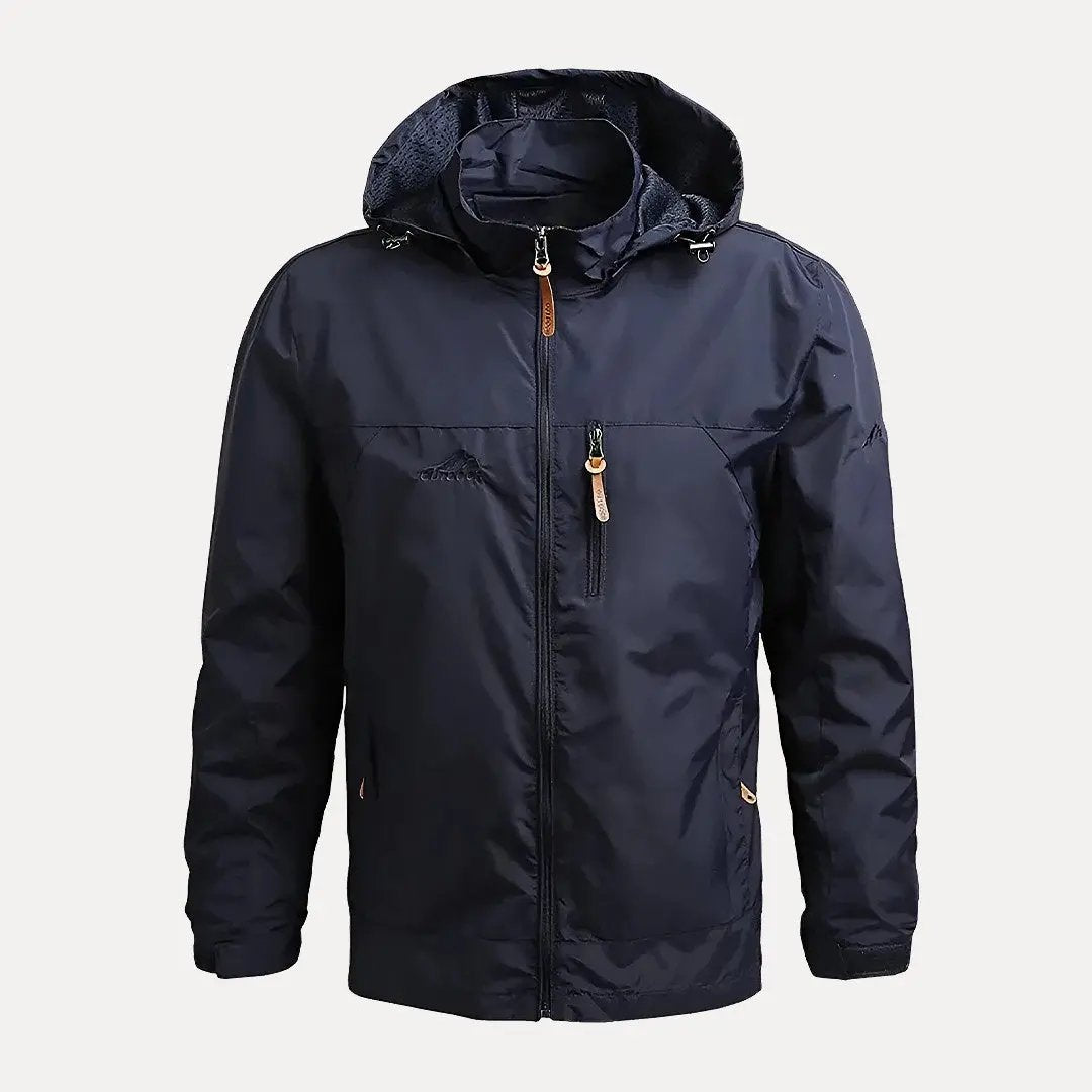 Men's lightweight navy hooded windbreaker waterproof breathable rain jacket with clean minimalist design