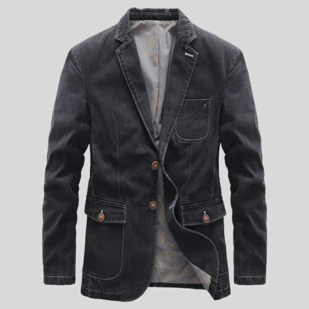 Men's rugged denim blazer in blue with contrast stitching and tailored smart-casual cut