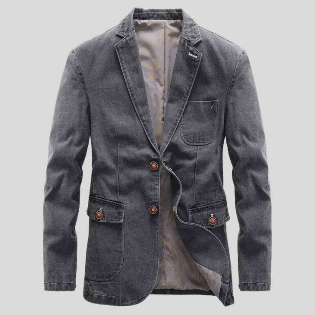 Men's rugged denim blazer in blue with tailored cut, contrast stitching, and patterned inner lining