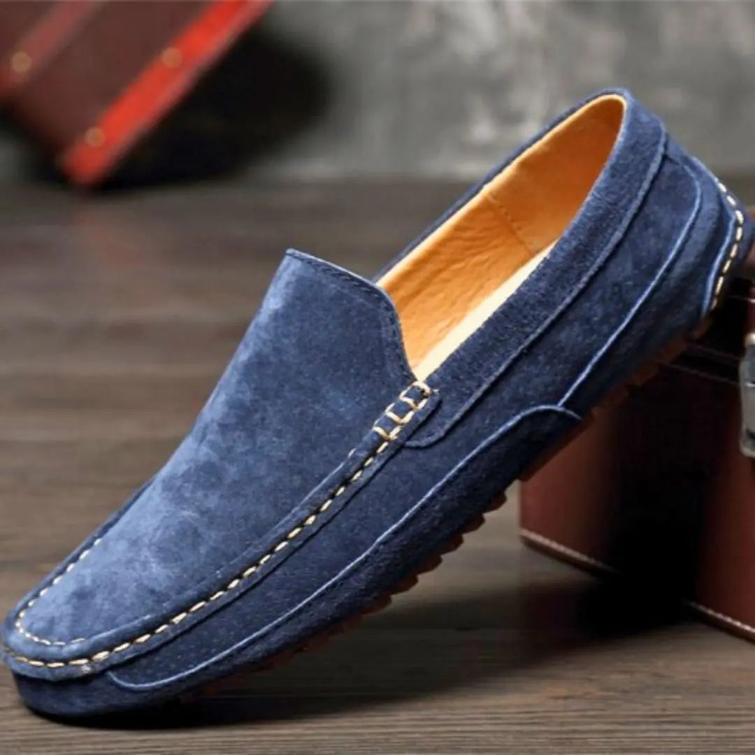 Men's tan suede leather moccasin slip-on dress casual shoe with cushioned insole