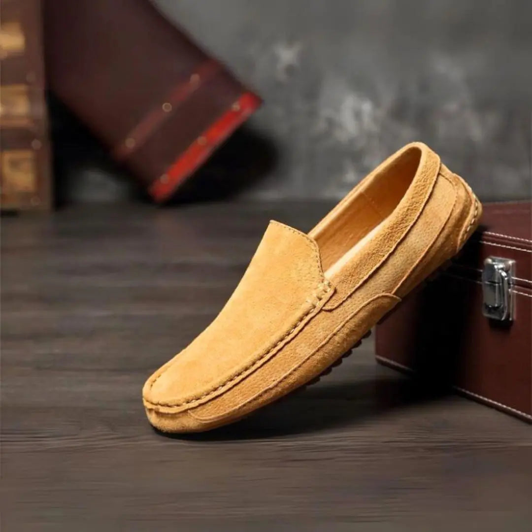 Men's brown suede leather moccasins slip-on dress casual shoes with cushioned insole comfort