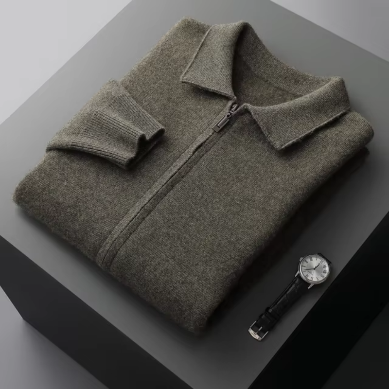 Men's minimalist zip-up cardigan vest sleeveless neutral tone slim cut modern layering essential